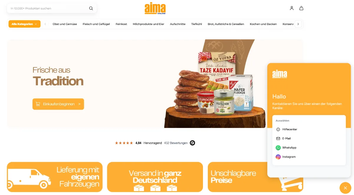 aima online's Shopify store: home page with categories, hero and reviews
