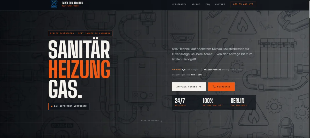 Savci SHK-Technik's website: home page with plumbing, heating, gas and emergency service