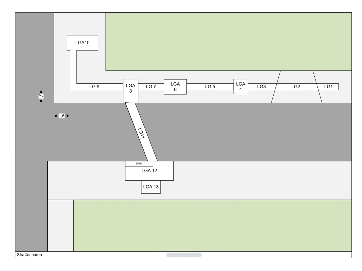 Finished measurement drawing: clean areas, labelled pipe sections, dimension chains.