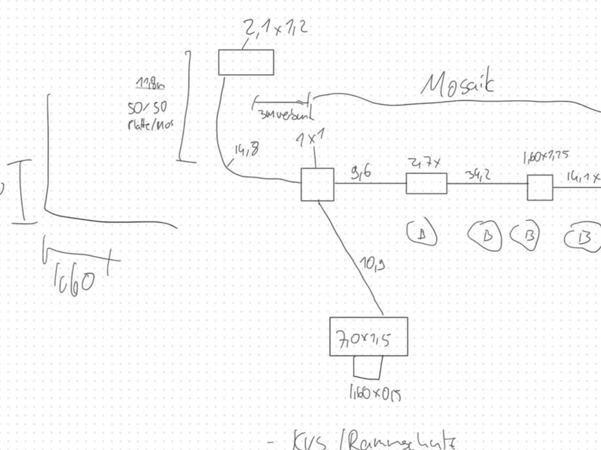 Hand sketch from site: dimensions, spacings and positions noted in pencil.